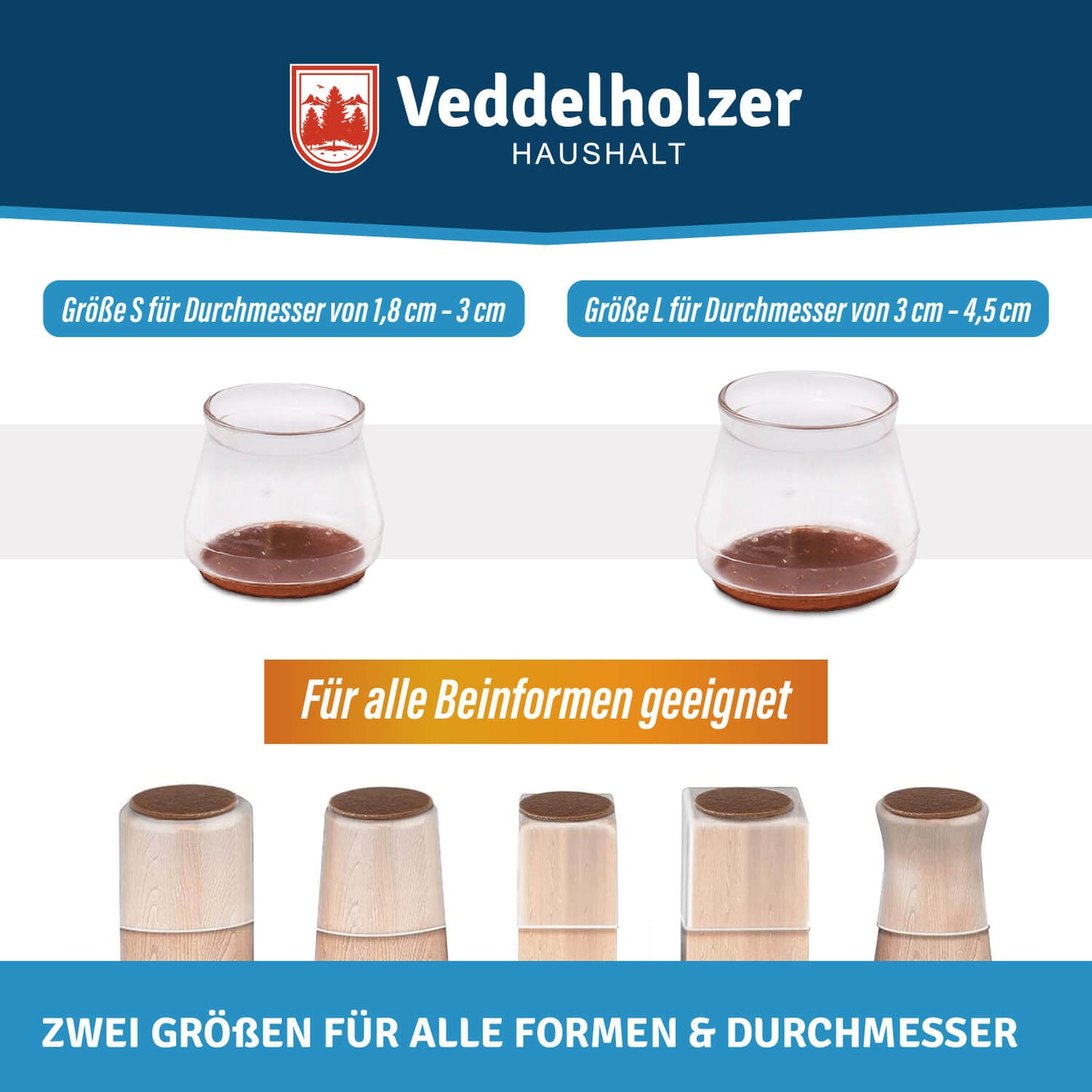 Veddelholzer 32 Stück transparente Stuhlbeinkappen in 2 Größen