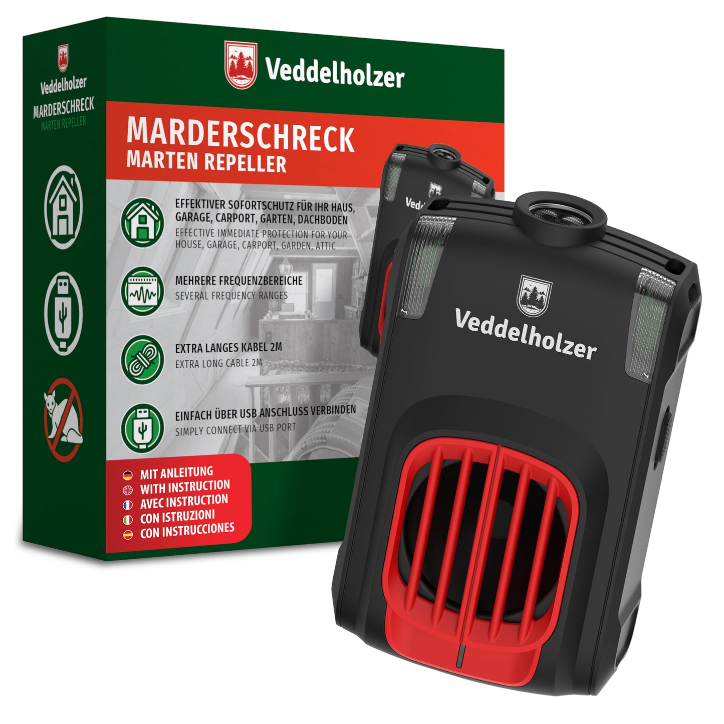 Marderabwehr für Zuhause mit USB Anschluss Ultraschall & LED Blitzlichter