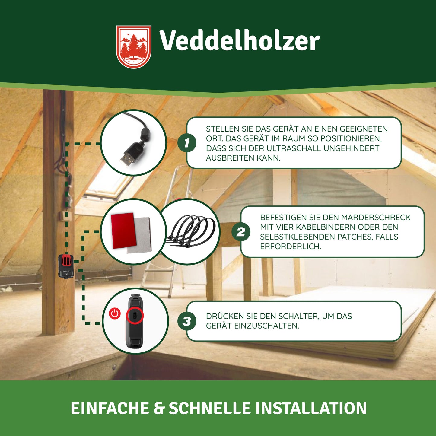 Marderabwehr für Zuhause mit USB Anschluss Ultraschall & LED Blitzlichter