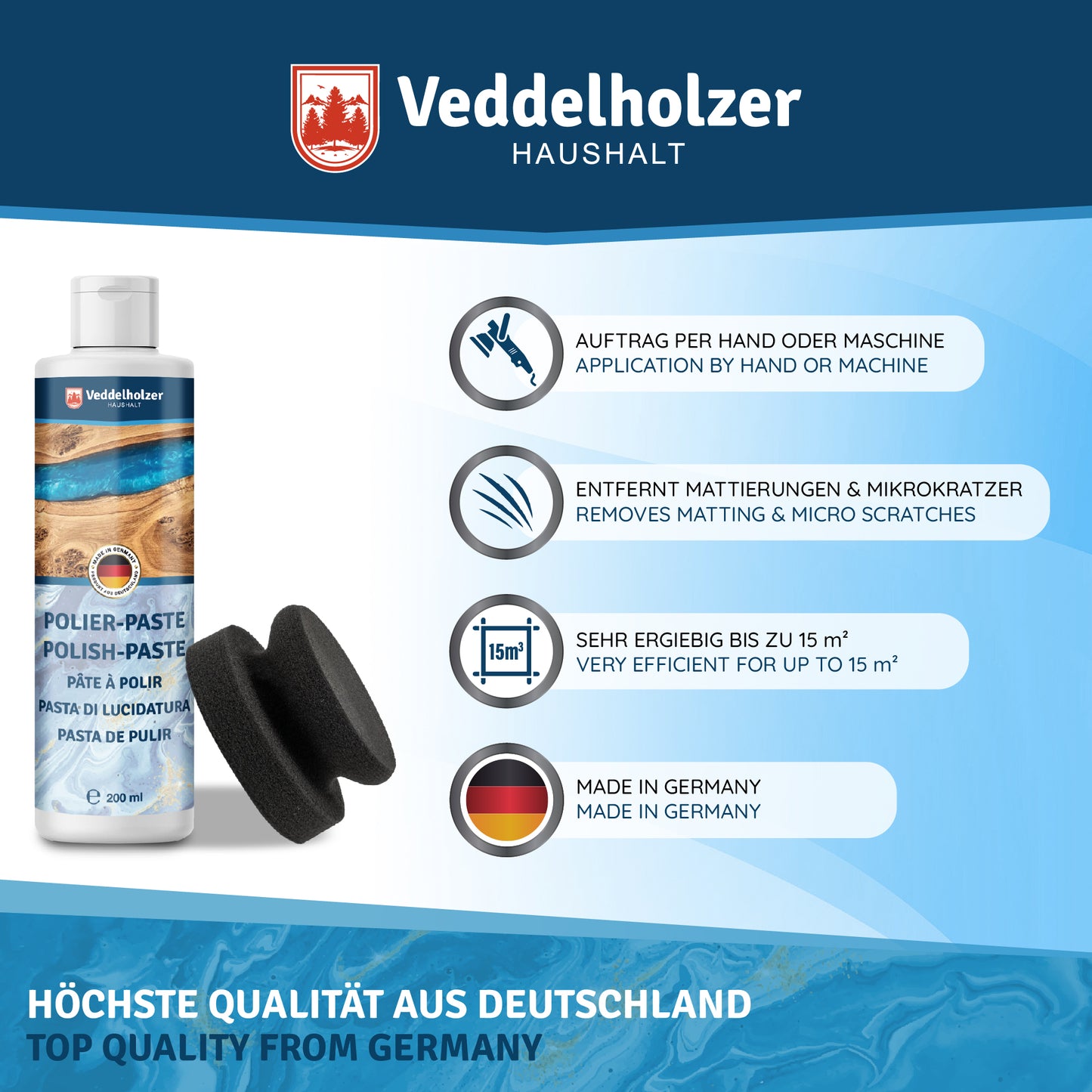 Veddelholzer 200 ml Profi Polierpaste + Polierschwamm