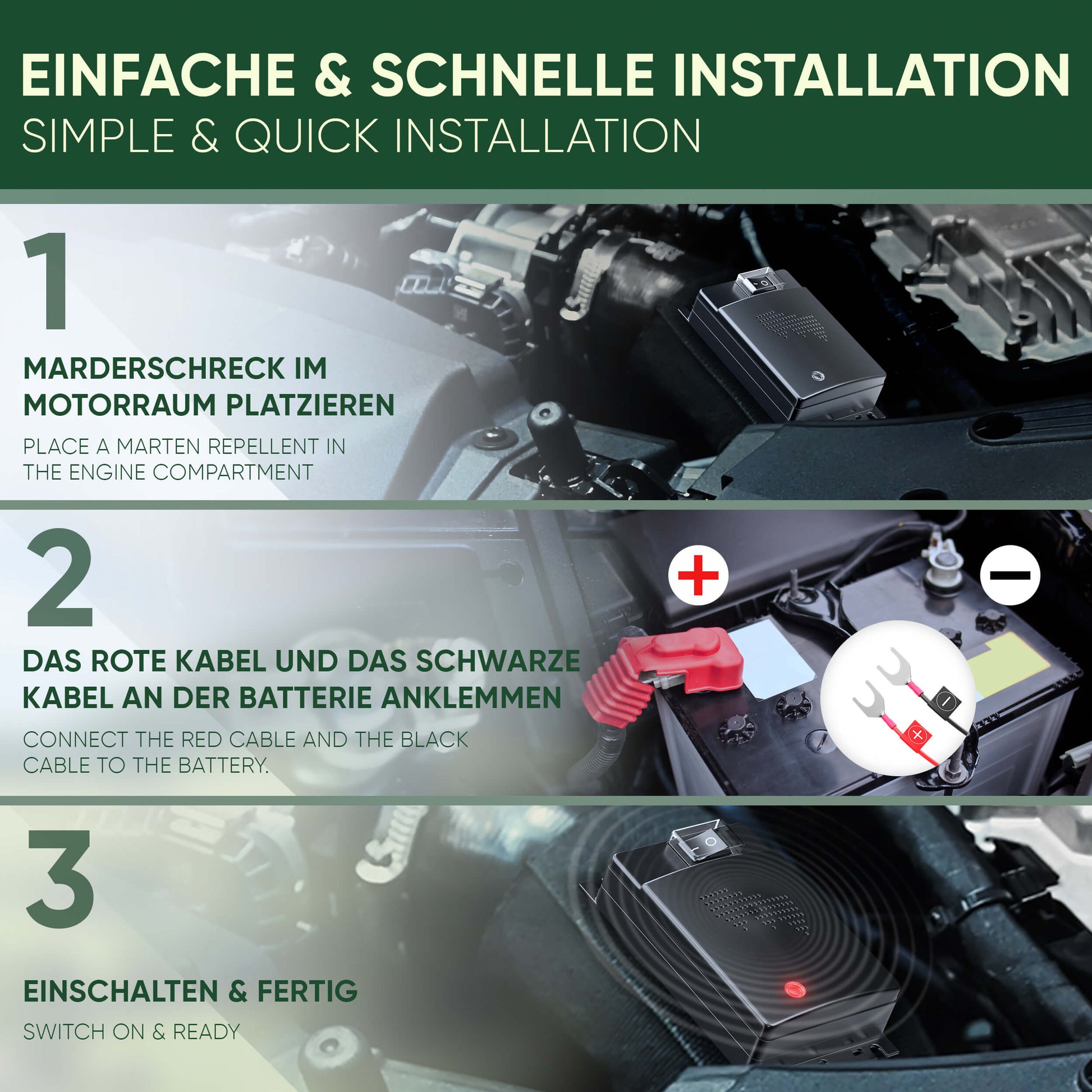 PATTLER® Marderschreck Auto Anschluss an 12V Autobatterie, Effektive  Marderabwehr für Auto - mit Ultraschall