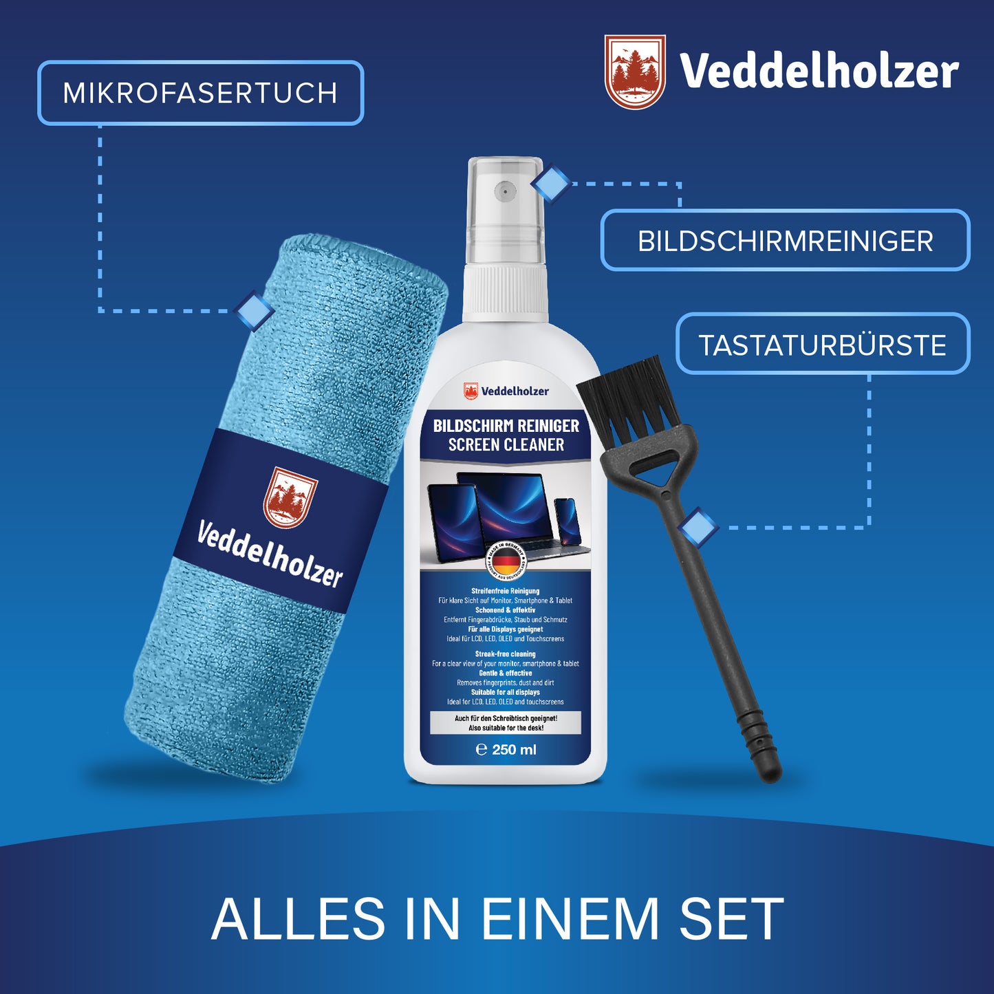 250 ml Bildschirmreiniger Set Displayreiniger mit Mikrofasertuch & Tastaturpinsel