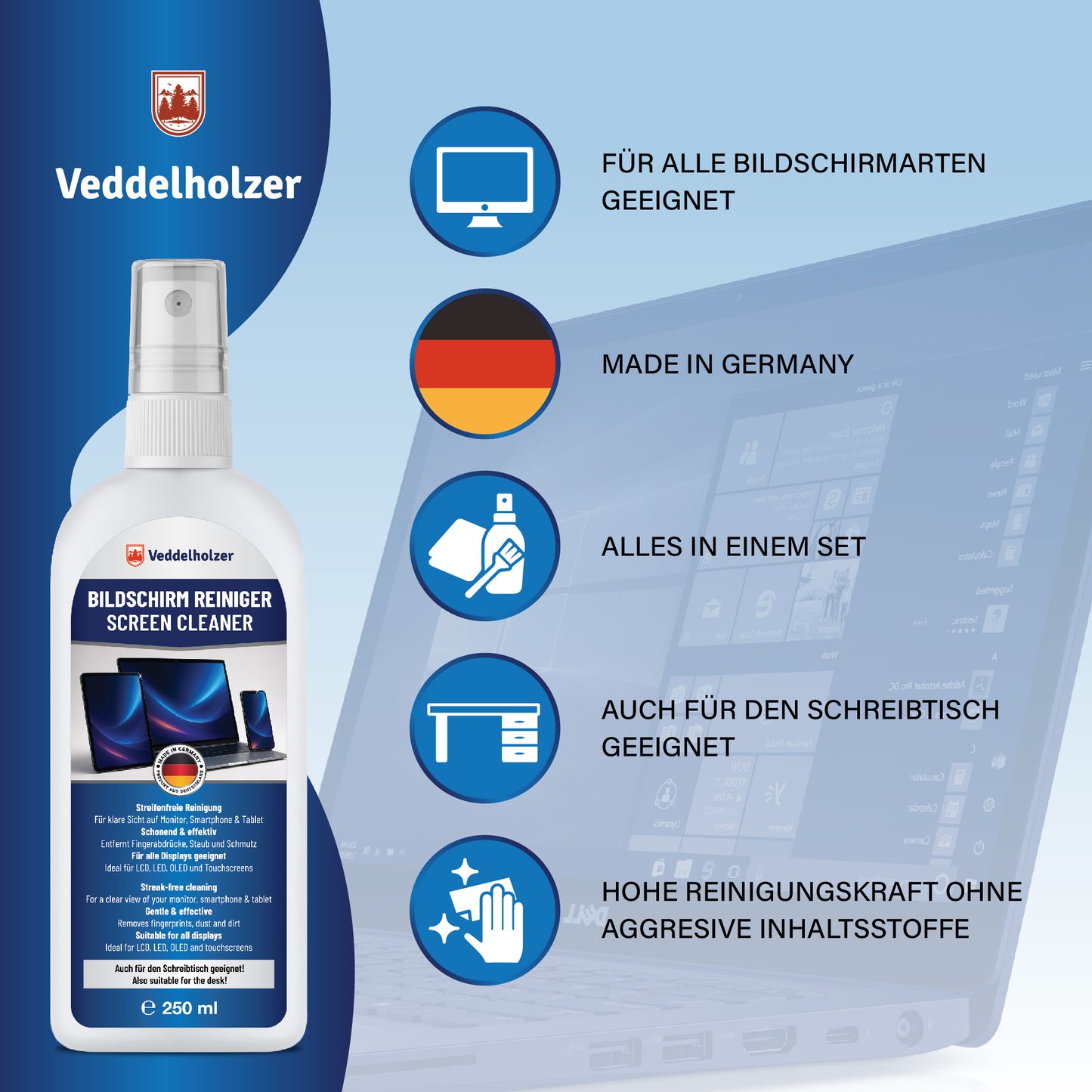 250 ml Bildschirmreiniger Set Displayreiniger mit Mikrofasertuch & Tastaturpinsel